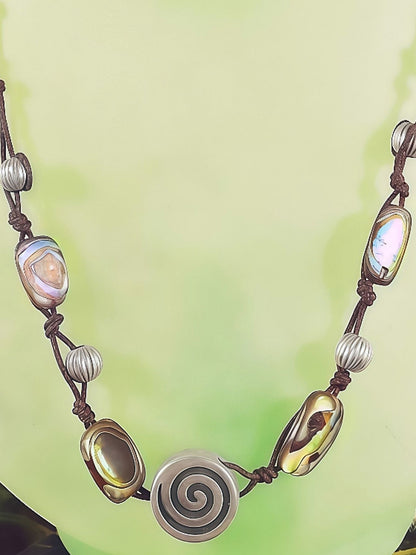 Vintage 1970s Sterling Silver Necklace 16.5" Artisan Abalone Shell Boho Bohemian Choker 925