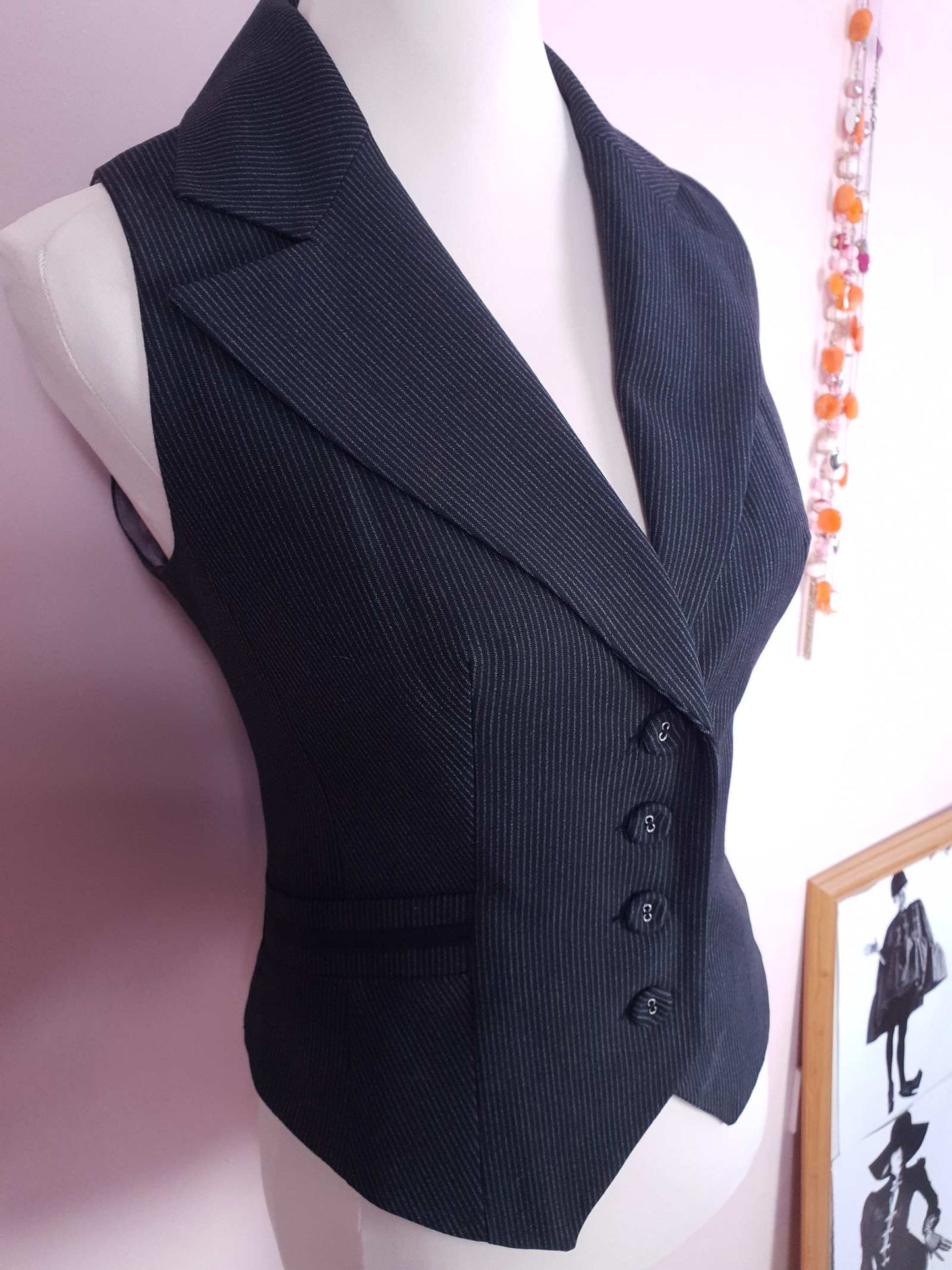 Cool 90s Vintage Black Striped Waistcoat Vest - Size 12