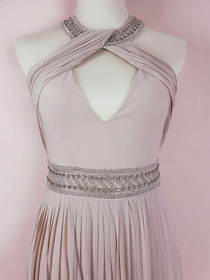 1990s Vintage Pale Taupe Diamante Beaded Chiffon Evening Gown Dress - Size 10