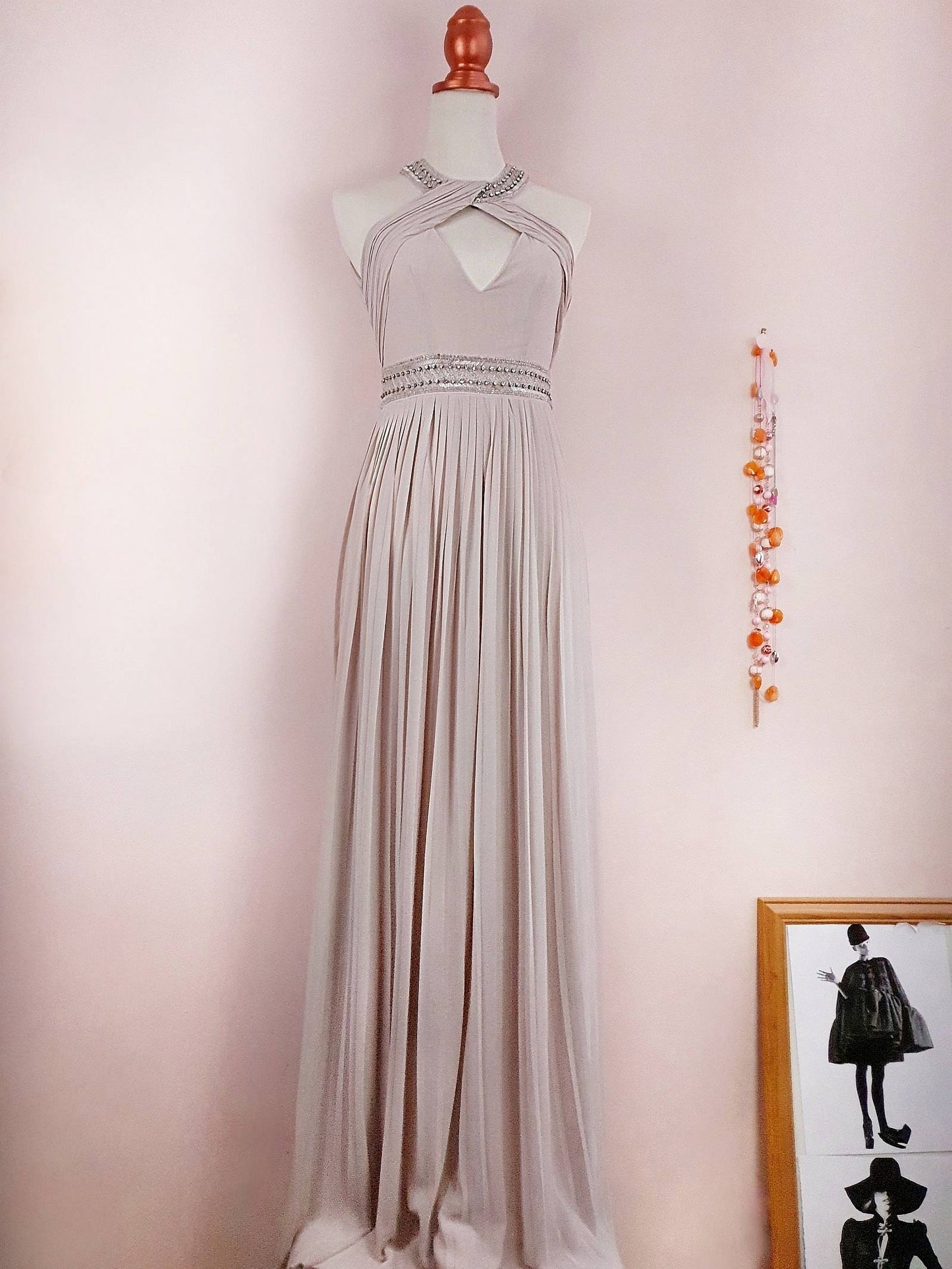 1990s Vintage Pale Taupe Diamante Beaded Chiffon Evening Gown Dress - Size 10