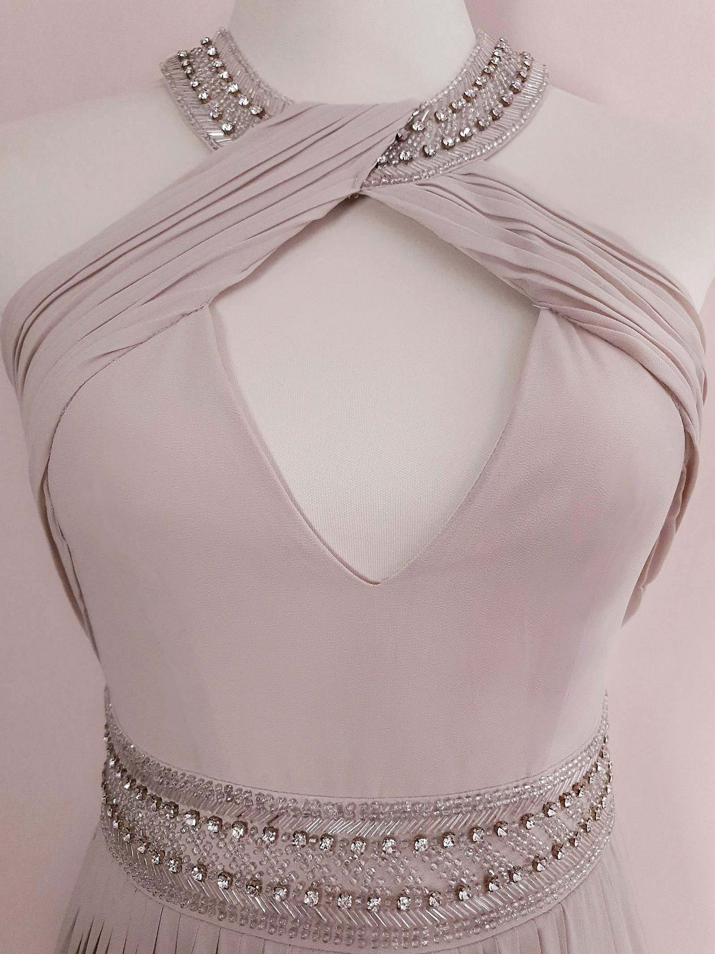 1990s Vintage Pale Taupe Diamante Beaded Chiffon Evening Gown Dress - Size 10