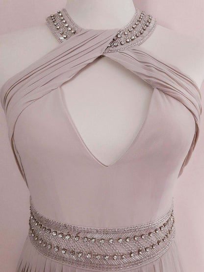 1990s Vintage Pale Taupe Diamante Beaded Chiffon Evening Gown Dress - Size 10