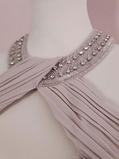 1990s Vintage Pale Taupe Diamante Beaded Chiffon Evening Gown Dress - Size 10