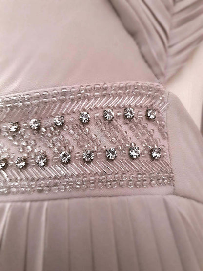 1990s Vintage Pale Taupe Diamante Beaded Chiffon Evening Gown Dress - Size 10