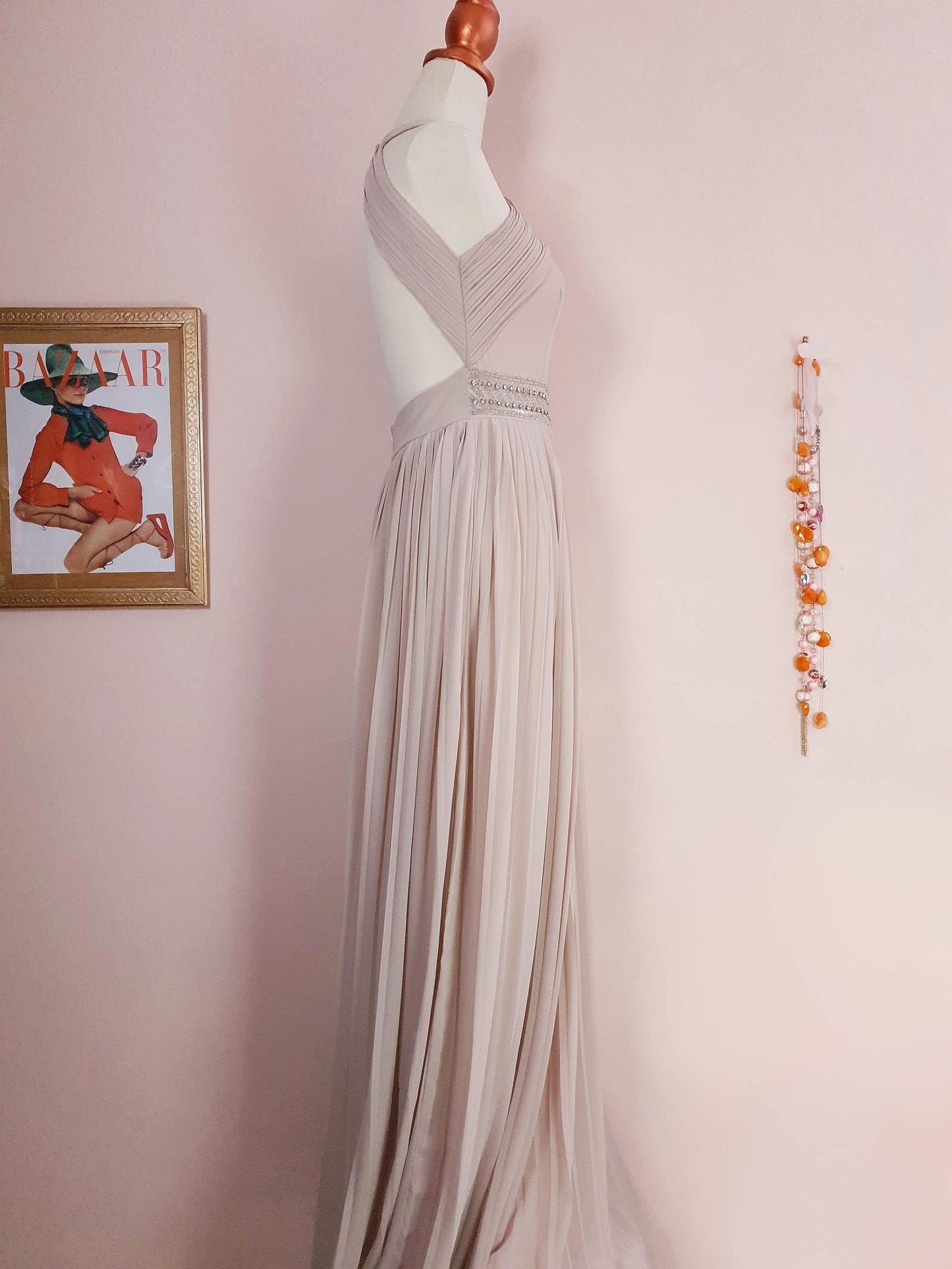 1990s Vintage Pale Taupe Diamante Beaded Chiffon Evening Gown Dress - Size 10