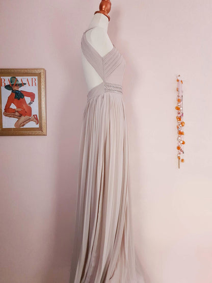 Vintage Pale Beige Chiffon Evening Gown Dress Rhinestone Cocktail Party - Size 10