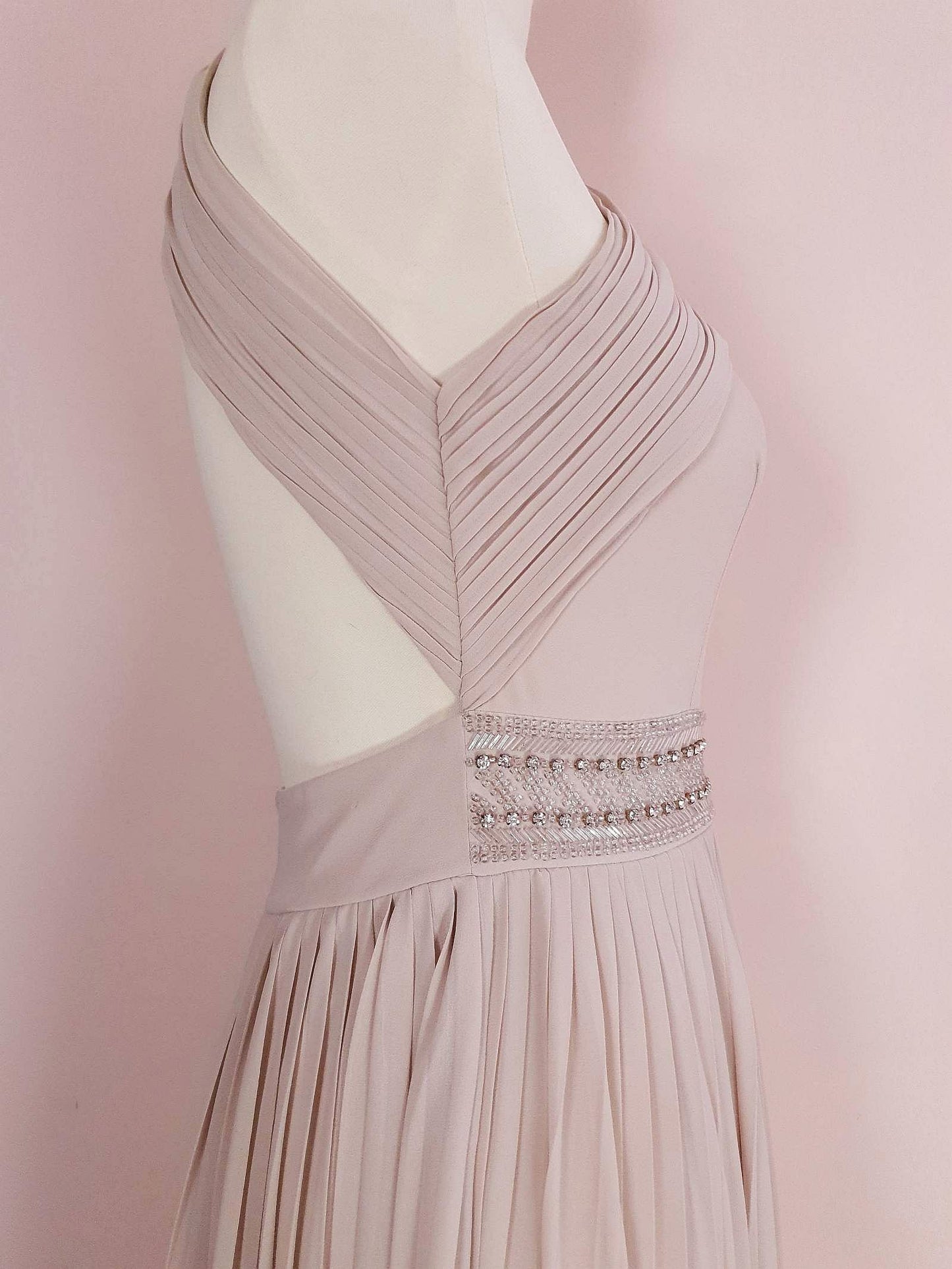 1990s Vintage Pale Taupe Diamante Beaded Chiffon Evening Gown Dress - Size 10