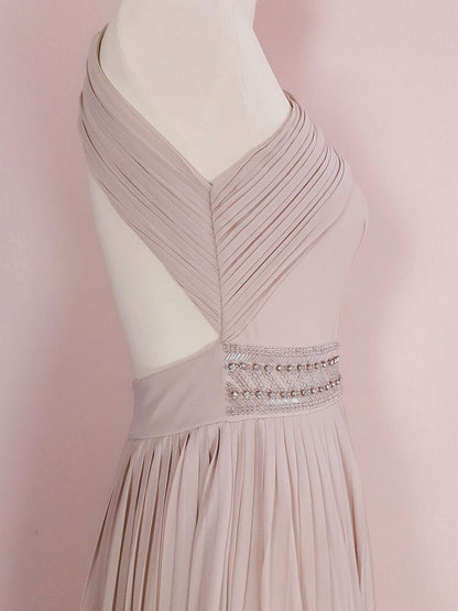 1990s Vintage Pale Taupe Diamante Beaded Chiffon Evening Gown Dress - Size 10