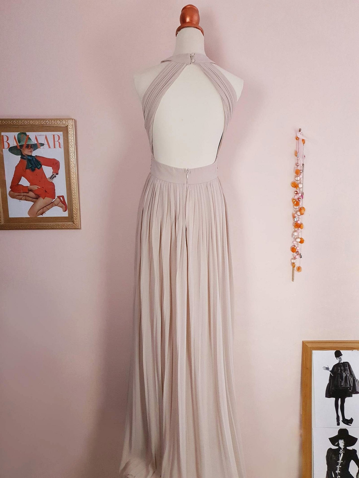 1990s Vintage Pale Taupe Diamante Beaded Chiffon Evening Gown Dress - Size 10