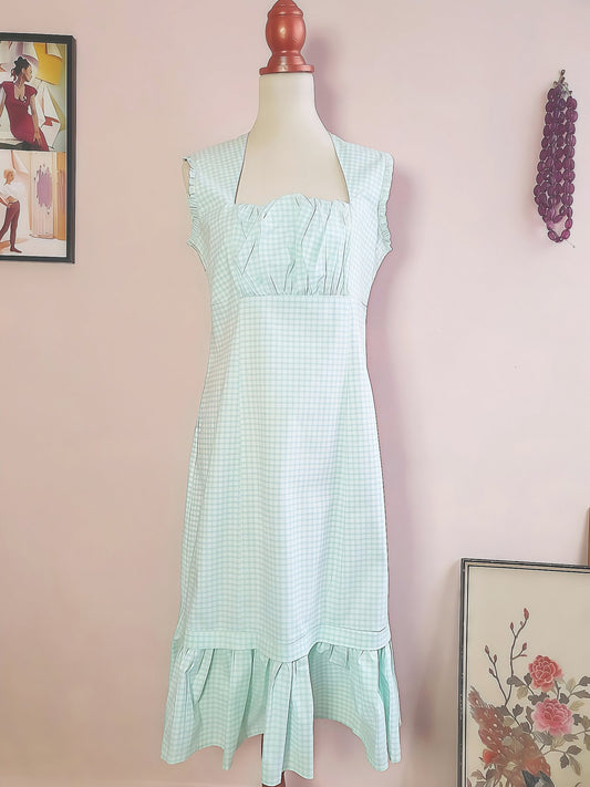 90s Vintage Check Turquoise Day Tea Dress Gingham Midi Aqua Blue  - Size 14