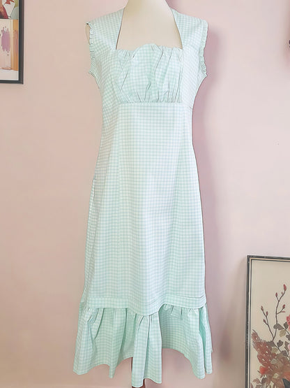 90s Vintage Check Turquoise Day Tea Dress Gingham Midi Aqua Blue  - Size 14