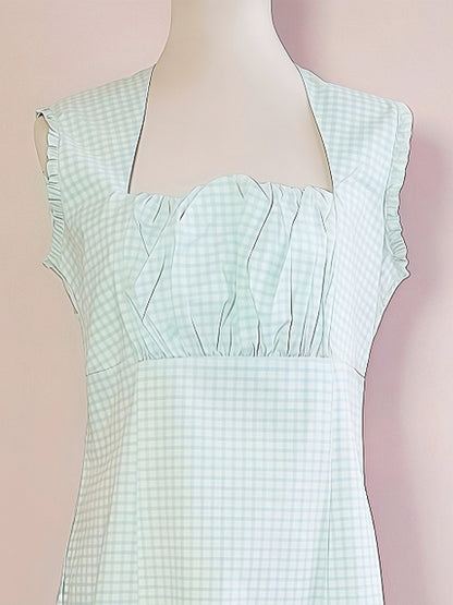 90s Vintage Check Turquoise Day Tea Dress Gingham Midi Aqua Blue  - Size 14