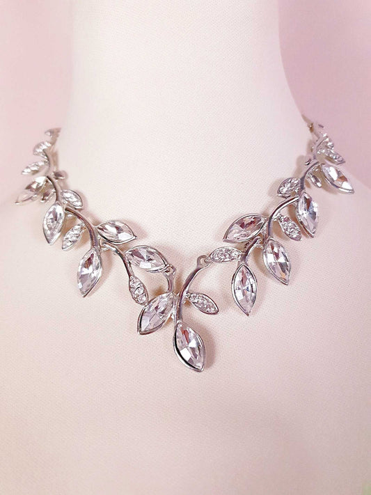 Vintage Diamante Leaf Necklace 17" - Rhinestone Silver Tone