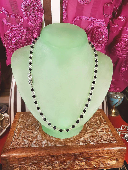 Vintage 1950s Crystal Necklace 18" Rhinestone Clear Black Mid-Century
