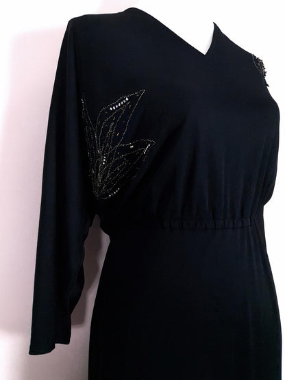 Chic Pre-Loved 1970s Bead and Sequin Black Dress - Size 8/10