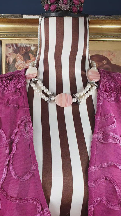 Vintage 1950s Pink Agate Glass Pearl Necklace Choker Mid-Century