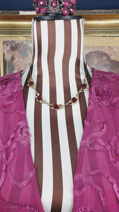 Vintage 1970s Red Rose Necklace Choker Flower Floral Gold-Tone