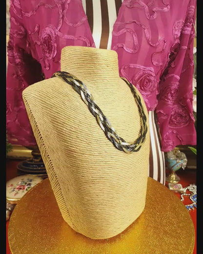 Vintage 1970s Black Gold-Tone Plaited Necklace Choker Retro