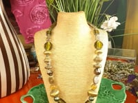 Vintage 90s Green Glass Boho Necklace - Chunky Gold Foil Beads, Wood