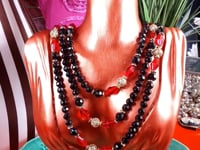 Vintage 1960s Black Red Bead Filigree Boho Necklace  61" Bohemian