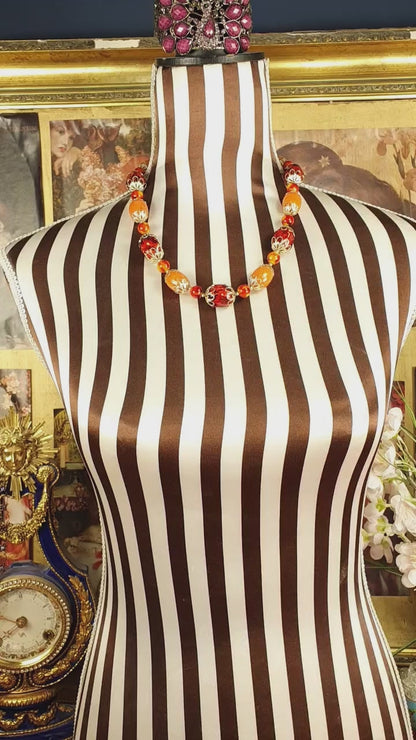 Vintage 1950s Orange Bead Filagree Boho Necklace Bohemian