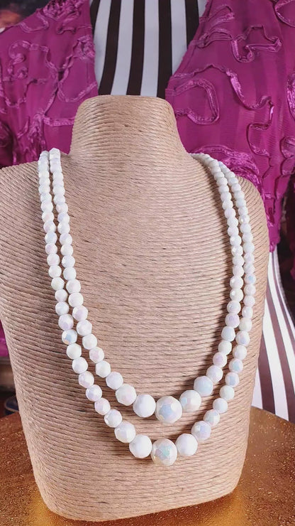 Vintage 1960s White Aurora Borealis Bead Necklace Two Strand AB