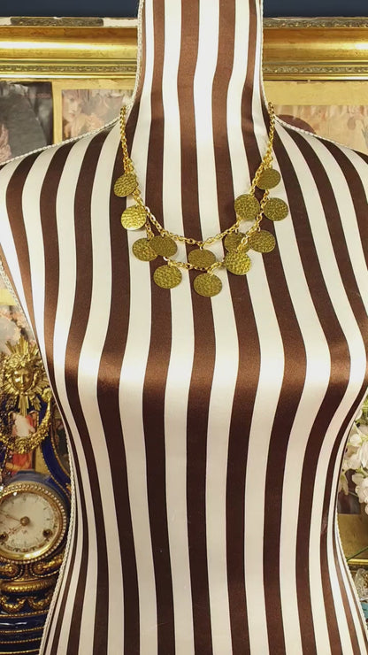 Vintage 1960s Hammered Metal Disc Necklace Gold-Tone Boho