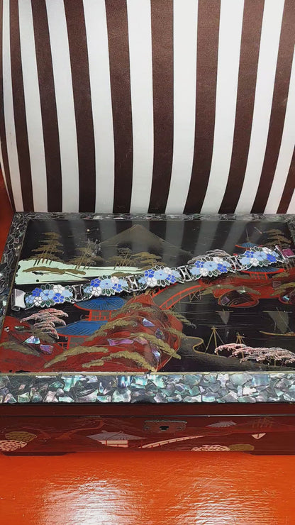 Vintage 1980s Blue Floral Cloisonne Bracelet Flower