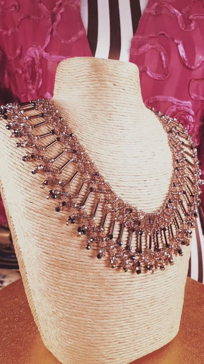 Vintage 1980s Bead Collar Boho Necklace Copper Mauve Bohemian