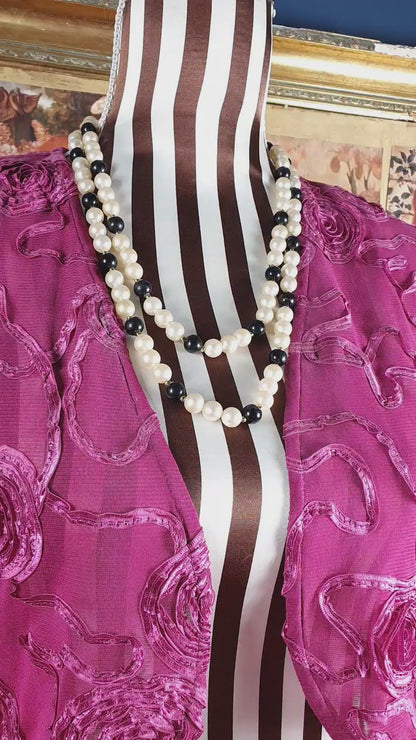 Vintage 1980s White Black Faux Pearl Long Necklace