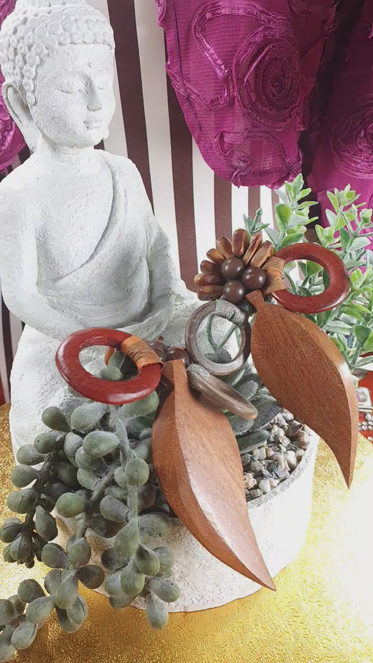 Vintage 1980s Statement Boho Dangle Earrings Clip On Wood Bohemian Artisan