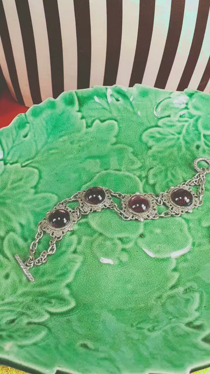 Vintage 1940s Purple Cabochon Pewter Filigree Bracelet