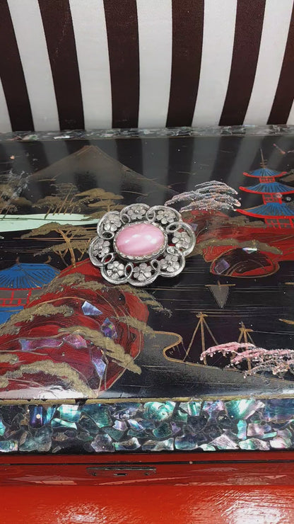 Vintage 1950s Pink Glass Floral Brooch Silver Tone Retro