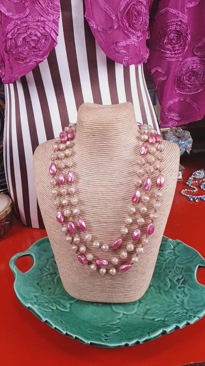 Vintage 1930s Pink Glass Bead Long Necklace Art Deco