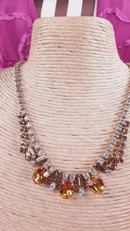Vintage 1950s Amber Clear Glass Rhinestone Necklace Choker