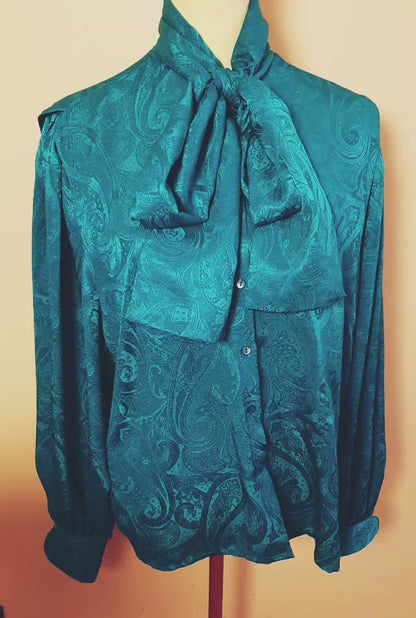 Vintage 80s Aquascutum Blue Paisley Pussybow Blouse - English Classics Size 16