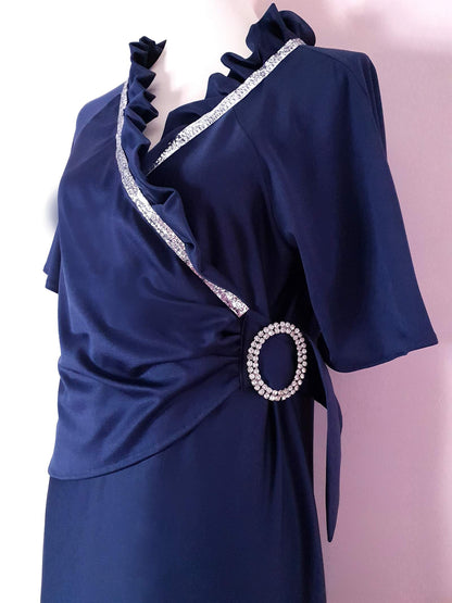 Elegant 1970s Navy Blue Vintage Evening Gown Rhinestone Maxi Dress - Size 12/14 UK