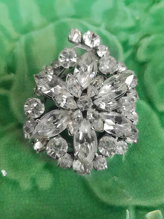 Vintage 1930s Clear Rhinestone Brooch Flower Floral