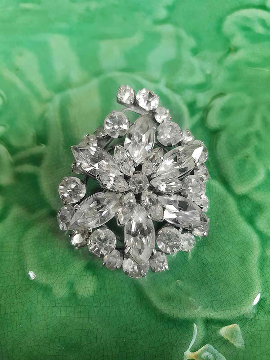 Vintage 1930s Clear Rhinestone Brooch Flower Floral