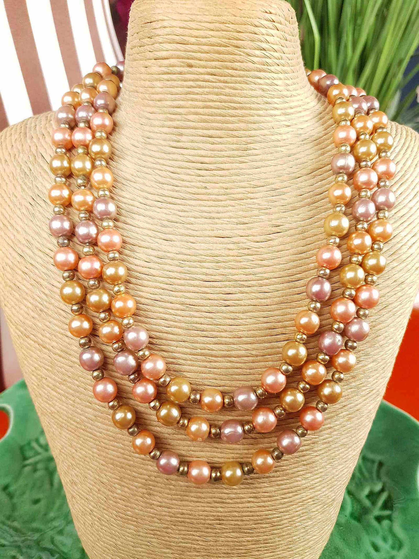 Vintage 1930s Peach Lilac Glass Pearl Necklace Long Pearls