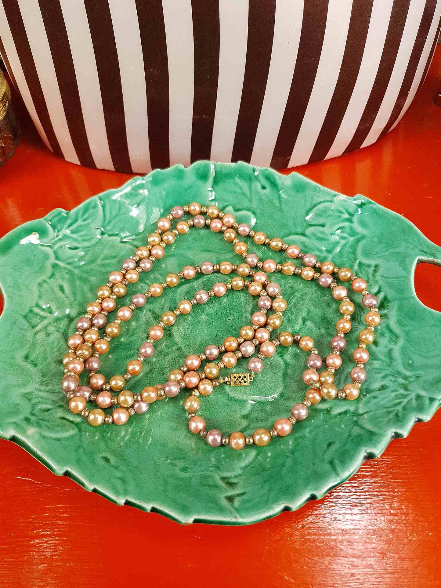 Vintage 1930s Peach Lilac Glass Pearl Necklace Long Pearls