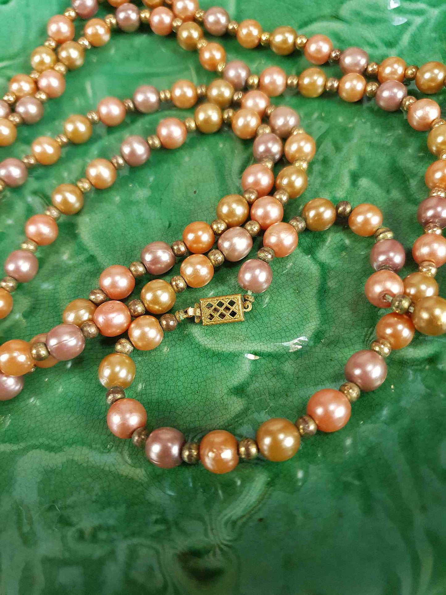 Vintage 1930s Peach Lilac Glass Pearl Necklace Long Pearls