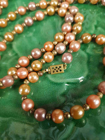 Vintage 1930s Peach Lilac Glass Pearl Necklace Long Pearls