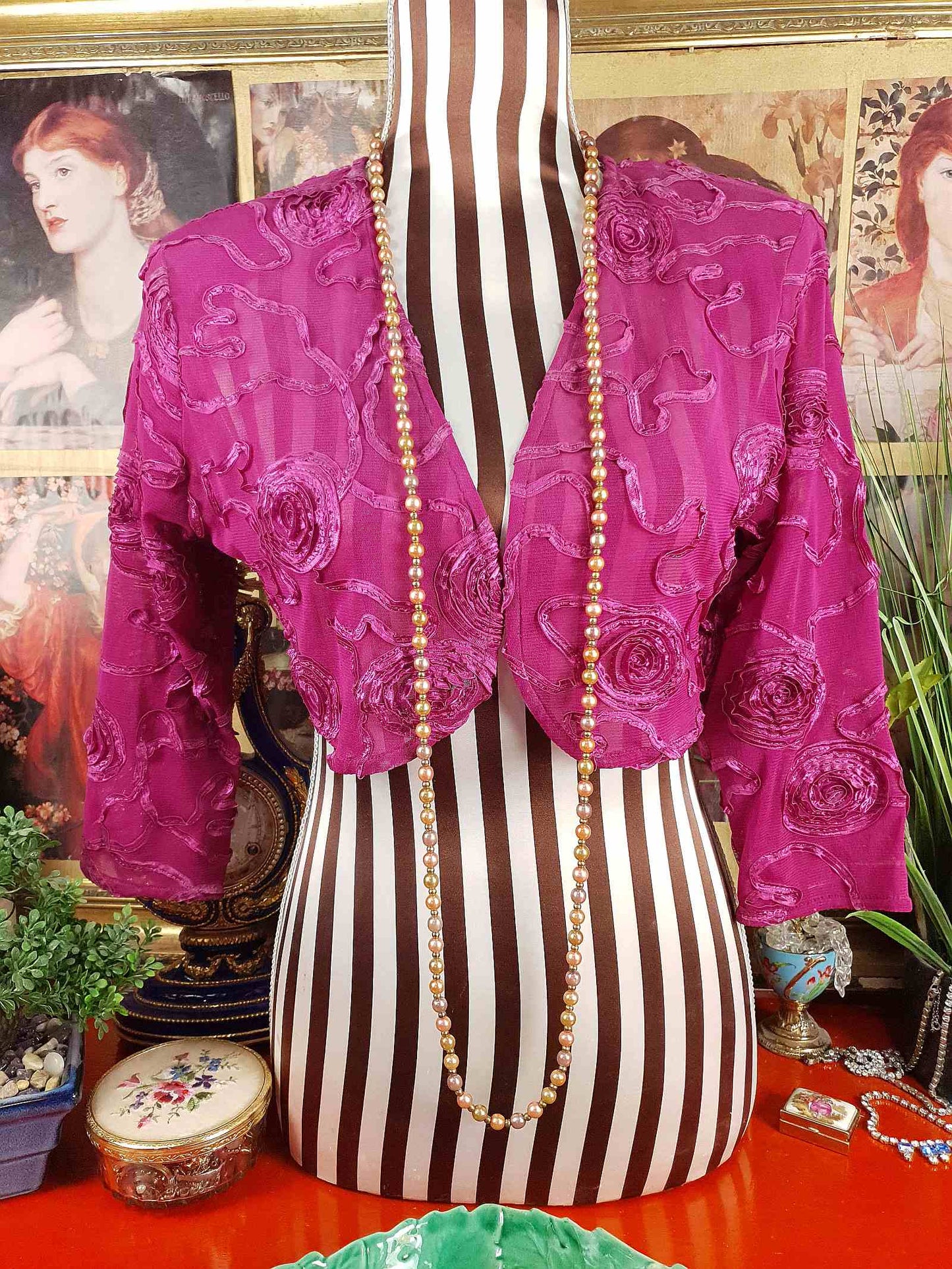 Vintage 1930s Peach Lilac Glass Pearl Necklace Long Pearls