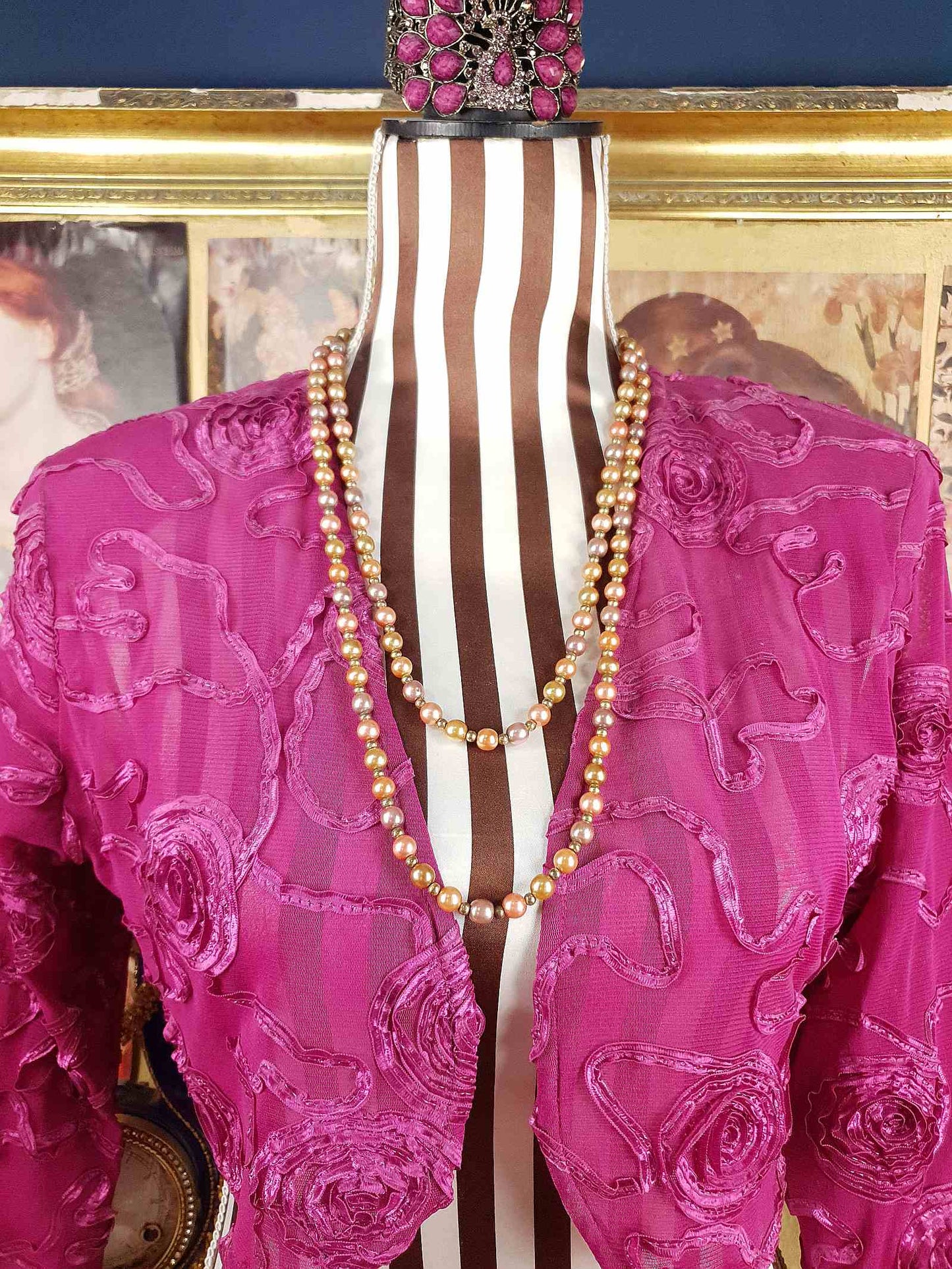 Vintage 1930s Peach Lilac Glass Pearl Necklace Long Pearls