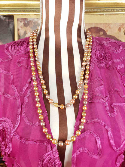 Vintage 1930s Peach Lilac Glass Pearl Necklace Long Pearls