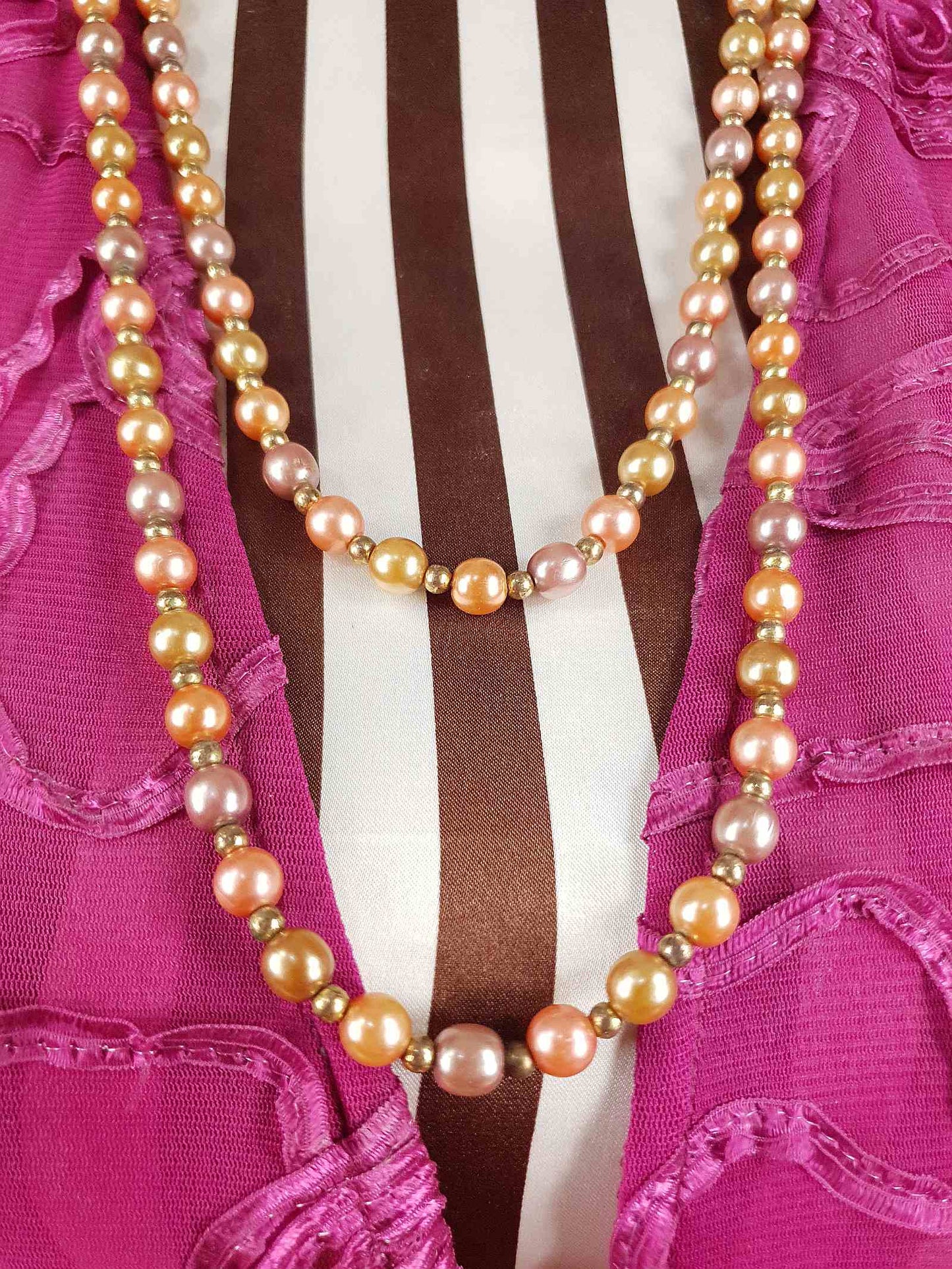 Vintage 1930s Peach Lilac Glass Pearl Necklace Long Pearls