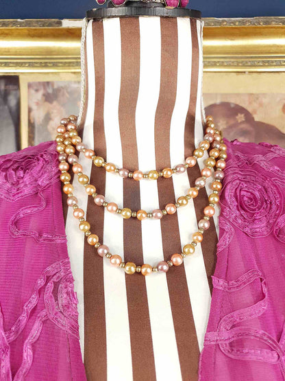 Vintage 1930s Peach Lilac Glass Pearl Necklace Long Pearls