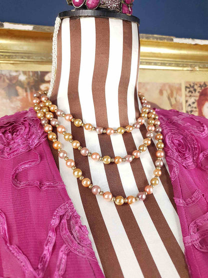 Vintage 1930s Peach Lilac Glass Pearl Necklace Long Pearls