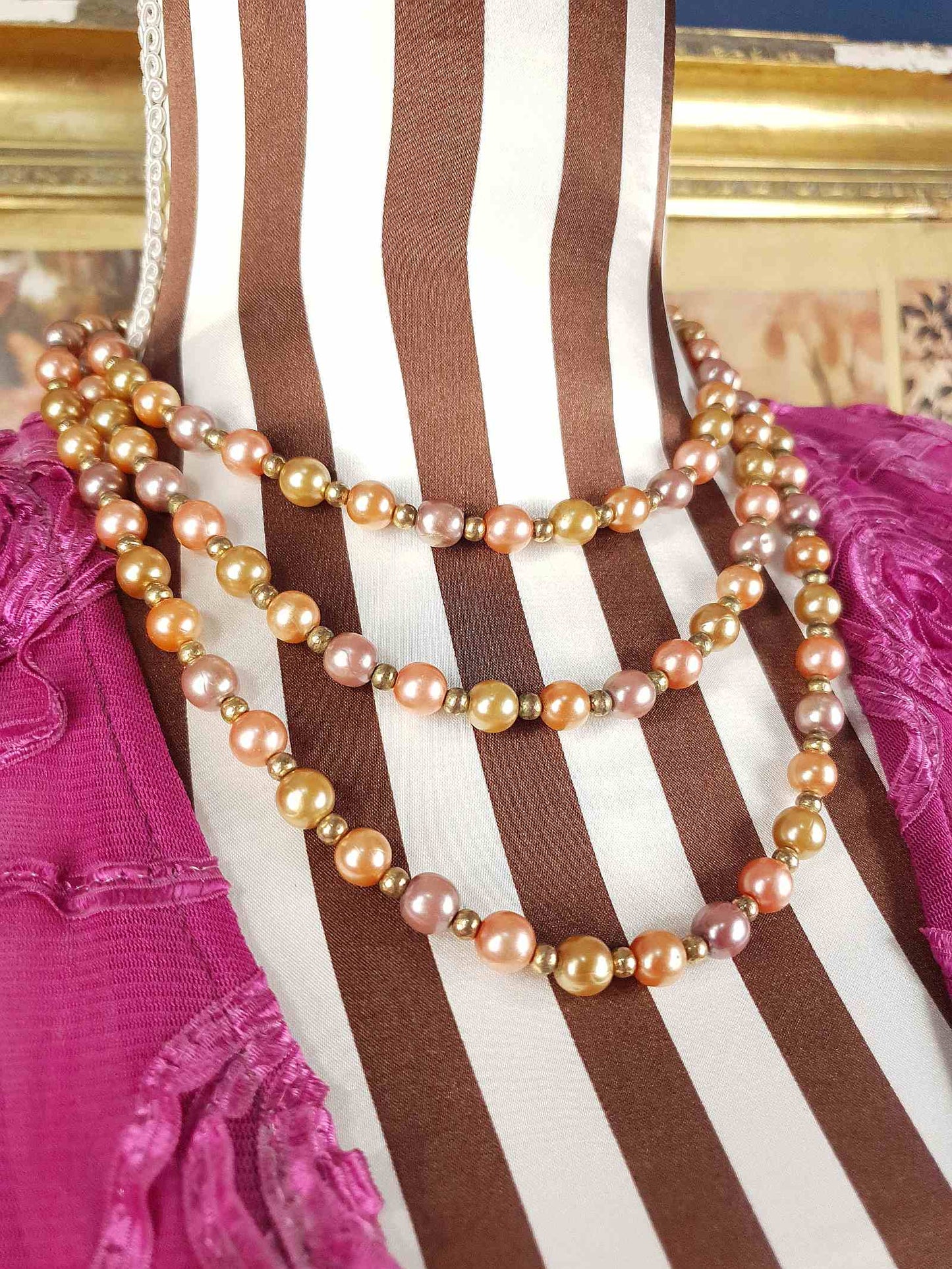Vintage 1930s Peach Lilac Glass Pearl Necklace Long Pearls